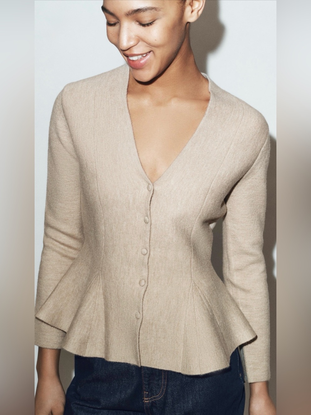 Zara Beige Peplum Button-Front Cardigan